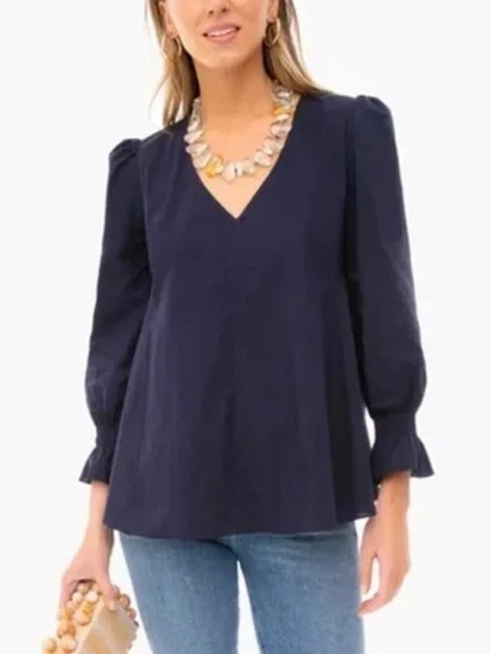 Tuckernuck Pomander Place Easton Navy Poplin Blouse Size S